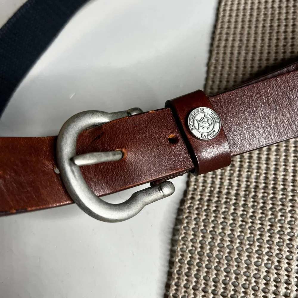 Southern Tide Mens 36 Belt Navy Canvas Yellow Ribbon Skipjack Fish Leather Trim